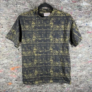 Vintage Reebok Shirt Mens Medium Black Yellow All Over Print Abstract 90s Tee - Picture 1 of 10