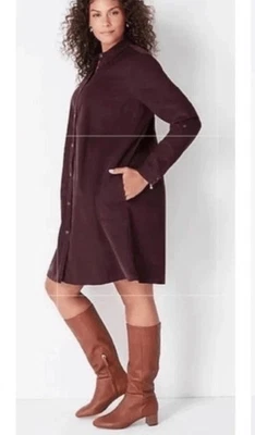 NUEVO CON ETIQUETAS J.Jill Vestido de Pana Borgoña Manga Larga Botón Frontal Camisa Mini Mediana Foto 1 de 4