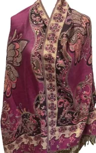 👠🥻🩷 Bufanda 100 % pashmina con estampado floral dorado borgoña 66” X 22” con flecos - Imagen 1 de 4