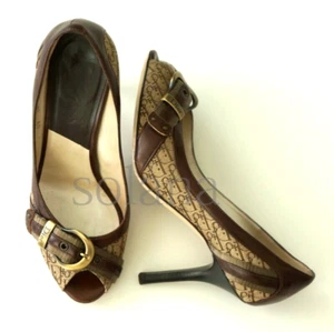 DIOR LIMITED EDITION Buckle Logo Print Canvas/Leather High Heels Peep Toe sz 7.5 - Picture 1 of 11