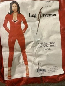 Leg Avenue Red Devil Catsuit Vinyl Deep Plunge Front Collared Costume NEW M - Picture 1 of 9