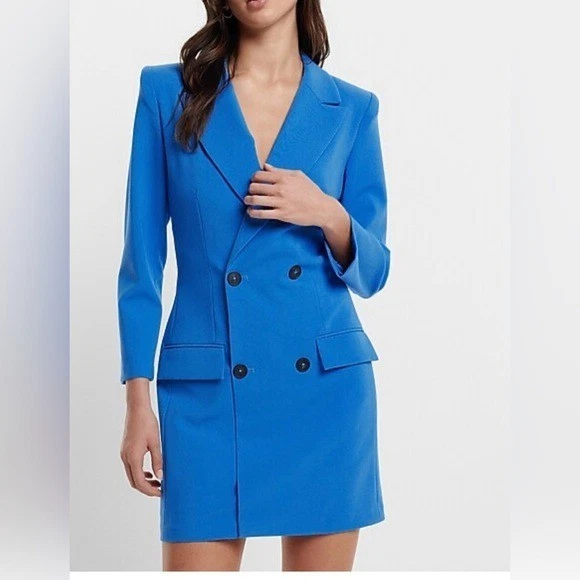 Blazer Express Azul Doble Pecho Acolchado Hombro Mini Blazer Vestido Talla XS Foto 1 de 4