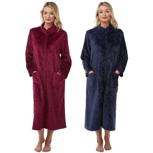 Zip Dressing Gown Robe Ladies Zipper Front Fleece Embossed Robe Housecoat - Picture 1 of 5