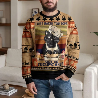 Funny Cat Ugly Christmas Sweater Shut The Fucup cakes Holiday Sweatshirt - Image 1 of 3