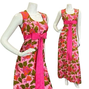 ROBE MAXI EMPIRE NOEUD PAPILLON FLEURI ROSE VERT ORANGE VINTAGE ANNÉES 60 70 8 10 S - Photo 1/7