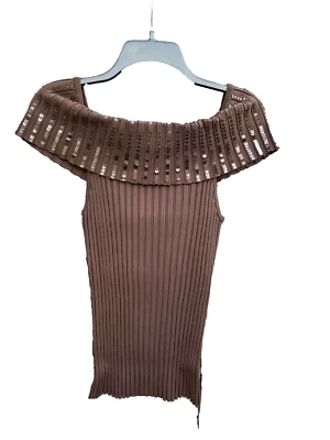 Classic Victor Costa Vintage Woman's Sequined off the shoulder Ribbed Top Brown - Изображение 1 из 4