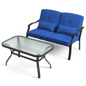 2 PCS Patio Furniture Set Outdoor Loveseat Chair Coffee Table Cushioned Seat - Picture 1 of 7