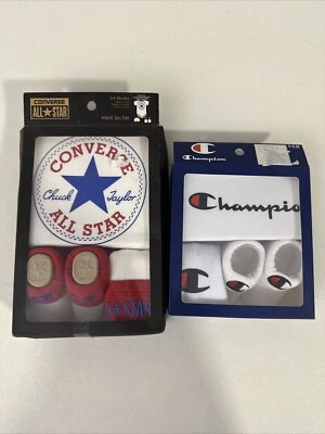 批量 2 件 0-6 个月男宝宝紧身衣、短靴和帽子 冠军和匡威 — 第 1/4 张图片