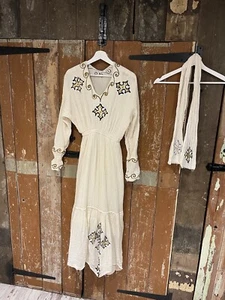 Handmade Embroidered Dress Beige Women's Elasticated Waist Lined With Scarf - Picture 1 of 24