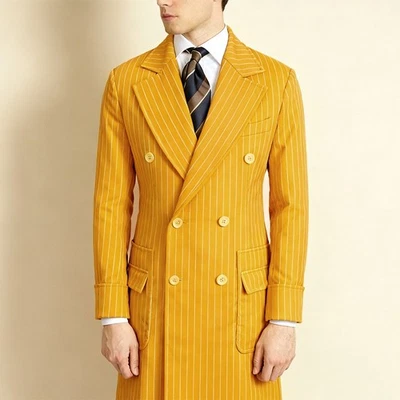 Striped Business Mens Overcoat Suit Regular Fit Peak Lapel Groom Double Breasted - Image 1 of 4