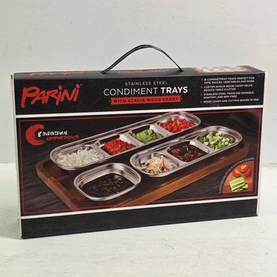 Bandeja de condimentos de acero inoxidable Parini carrito de madera de acacia 8 compartimentos tabla de cortar Foto 1 de 3