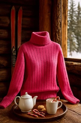 VTG ESCADA Sport Wool Cashmere Turtleneck - XL Pink Ribbed 90s Chalet Barbie Ski - Image 1 of 4