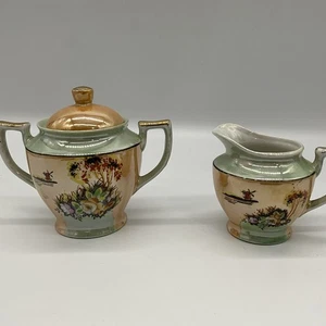 Vtg Japan Luster Ware Sugar & Creamer Orange & Green Hand Painted - Picture 1 of 10