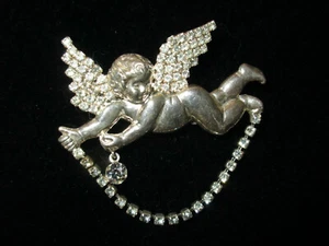 1940'S Vtg BROOCH Wing Cherub Silver/Tone REPOUSSE 60 Rhinestones Drape/claw 4 - Picture 1 of 12