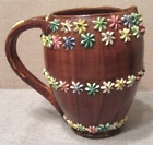 Vintage Elbee? Brown Ceramic Woodlike Pitcher With Flowers Made In Italy Euc