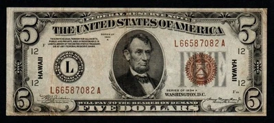 1934A $5 HAWAII WWII Emergency Issue CRISP XF Federal Reserve Note! - Image 1 of 2