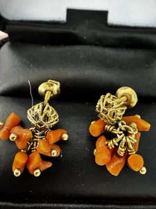 Vintage 14k Solid Yellow Gold Filigree Orange Coral Branch Dangle Earrings 2.87g - Picture 1 of 14