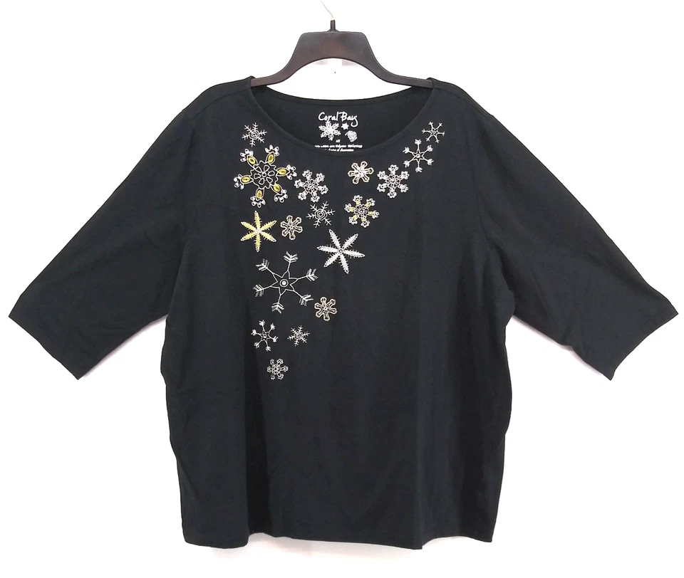 Camisa Coral Bay Mujer Talla Grande 2X Negra Cuentas Copos de Nieve Manga 3/4 Informal Top Foto 1 de 4