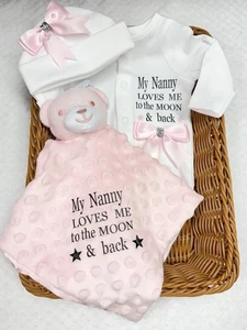 Newborn baby sleepsuit Hat comforter moon & Back Nanny Grandad personalised gift - Picture 1 of 5
