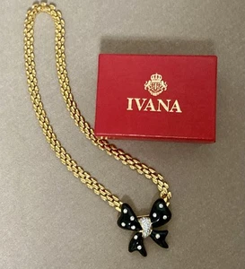 Vtg Ivana Trump Bow Necklace Brooch Black Enamel Rhinestone Gold-Tone Chain Box - Picture 1 of 18
