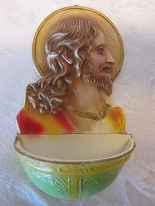 Antique Metal Spelter Wall Holy Water Font Jesus Victorian France 5.75” H 1920's - Picture 1 of 6