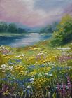 Flowering River Bank, Original Oil Painting Signed Ukraine Artist Landscape Art