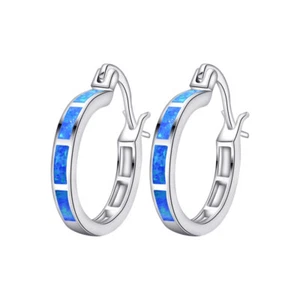 925 Sterling Silver Blue Opal Hoop Huggie Earrings 20mm for Women Birthday Gift - Bild 1 von 5