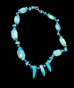 Southwestern Halskette Türkis, Perle, Achat Perlen Silberplättchen Knebelverschluss - Bild 1 von 7