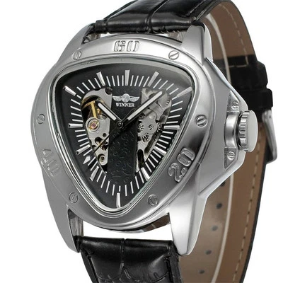 Winner Automatic Mechanical Leather Men Sport Watch Black New Triangle Skeleton - Image 1 of 4