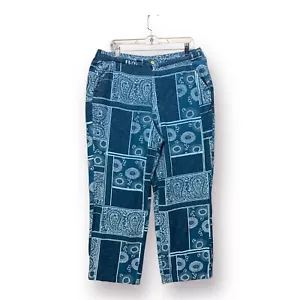 Erika Linen Blend Pants Paisley Blue Print Women’s Size Large 90s Y2K Summer - Picture 1 of 11