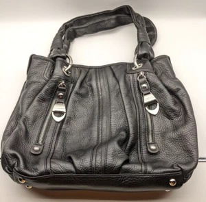 B Makowsky Black Soft Leather Hobo Shoulder Bag Purse Leopard Print Interior - Picture 1 of 9