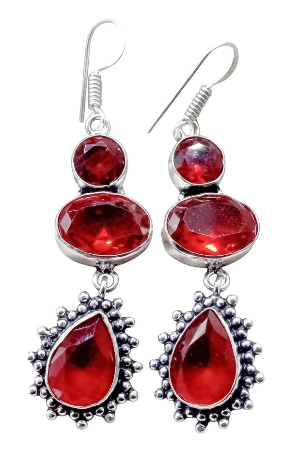 925 Sterling Silver Garnet Gemstone Jewelry Earring Size-1.50'' - Image 1 of 4
