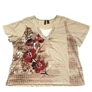 Short Sleeve V neck Blouse Top Women's 3X Cream Tan Floral Studded Modesty Cover - Picture 1 of 8