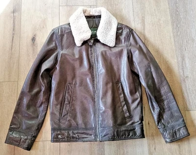 Chaqueta Bomber Eddie Bauer Cuero Marrón con Cuello de Piel de Cordero Desmontable, Mediana Foto 1 de 4