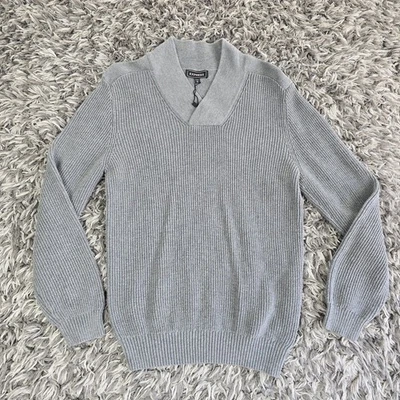 Express Sweater Mens Medium Gray Shawl Collar Cotton Knit Ribbed Pullover - Image 1 of 4