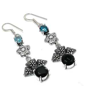 Black Spinel, Topaz Gemstone Handmade 925 Sterling Silver Jewelry Earring 2.48" - Picture 1 of 5