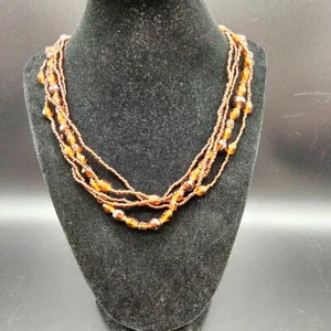 Vintage Five Strand Glass Bead Necklace Brown Silver Tone 16" Estate Funky - Picture 1 of 7