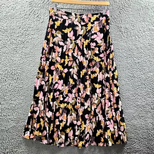 Anko Womens A-line Midi Skirt Size 12 Black Pink Floral Pleated Elastic Waist - Picture 1 of 13