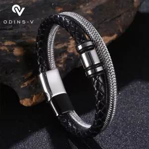 Mens Women Bracelet Leather Wristband Bangle Gift Braided Stainless Steel Wrap - Picture 1 of 42