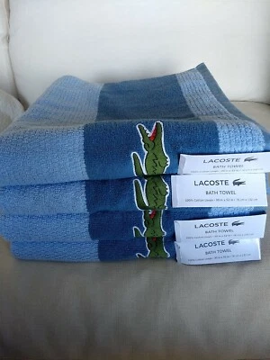 LACOSTE ALLIGATOR STRIPE COTTON BATH TOWELS SET OF 4 OCEAN BLUE COTTON LOOPS S39 - Image 1 of 4