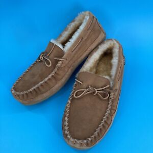 LL BEAN Men's Brown Suede Shearling Lined Moccasin Wicked Good Slippers 10 Wide