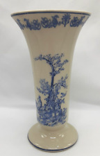 Blue & Beige Vase Rooster Duck Toile Farm Scene Cottage French Country 7" Tall
