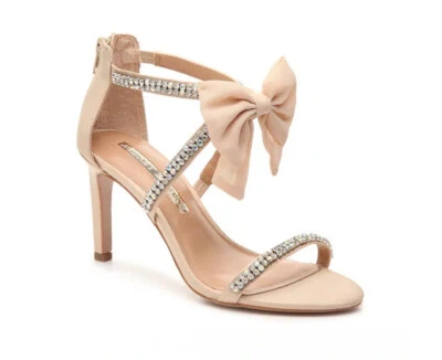 Champagne Satin Rhinestone Womens size 7 Prom Shoes Nude Formal Heels Sandals - Image 1 of 4