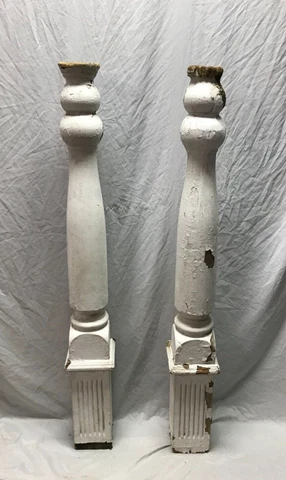 Antique Pair Decorative Shabby White Newel Posts 5x50 Chic VTG Garden 1164-23B Cover