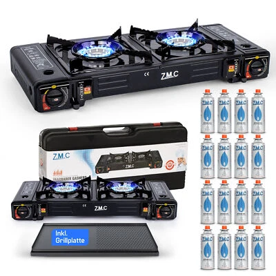 2 flammig Campingkocher Outdoor Camping Gas Kocher Grillplatte +16x Gaskartusche - Bild 1 von 4