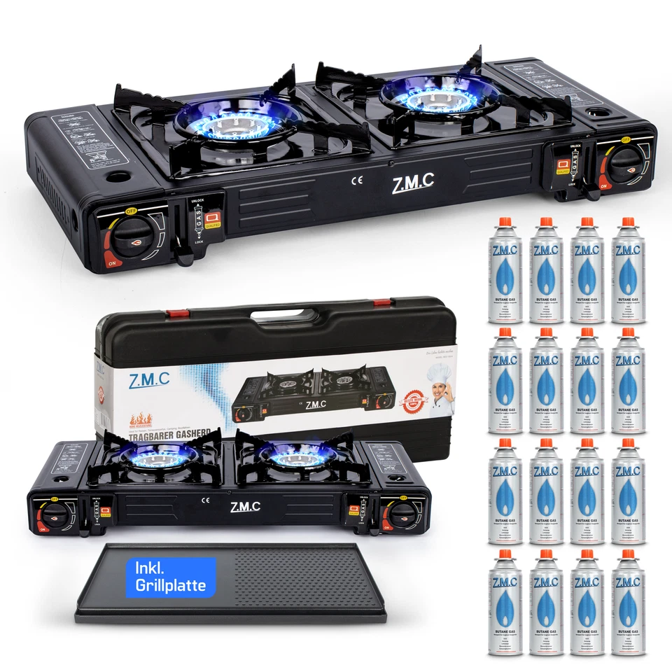 2 flammig Campingkocher Outdoor Camping Gas Kocher Grillplatte +16x Gaskartusche - Bild 1 von 4