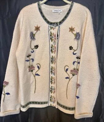 Coldwater Creek 100% Wool Cardigan Sweater Blue Green Floral Embroidered M - Image 1 of 4