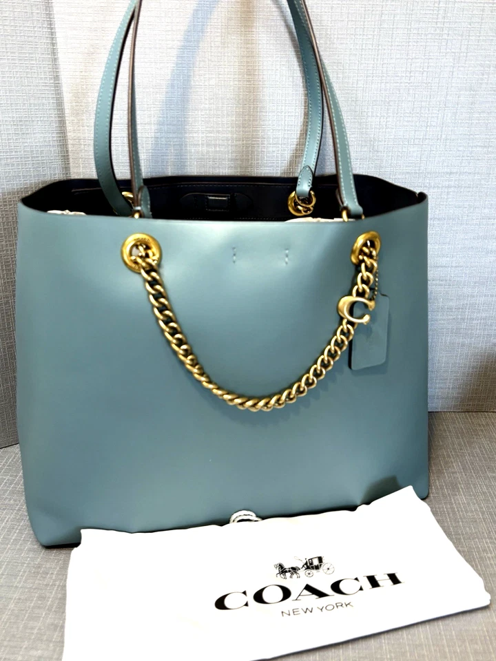 Coach 78218 Refined Calf Leather Signature Chain Convertible Tote Marine