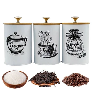 3pc Metal Tea Coffee Sugar Storage Set Airtight Kitchen Canister Jars Pots - Picture 1 of 11