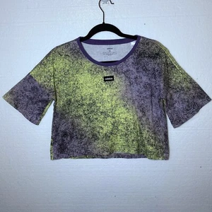 Adidas Womens Size Small Moment Crop Tee T-Shirt Purple Yellow Box Logo Top - Picture 1 of 8